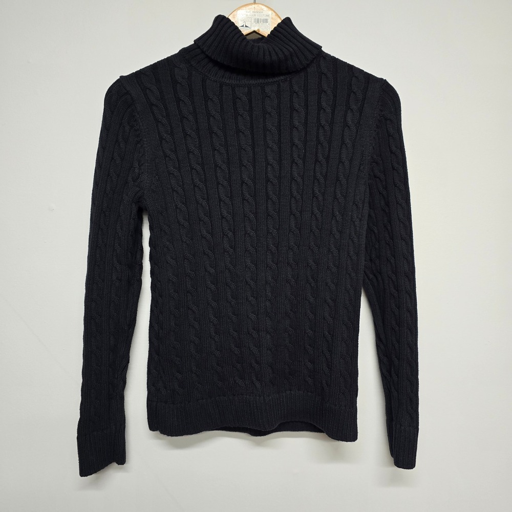 L.L.Bean Cable Knit Turtleneck Sweater Womens M Black Cotton Long Sleeve Preppy